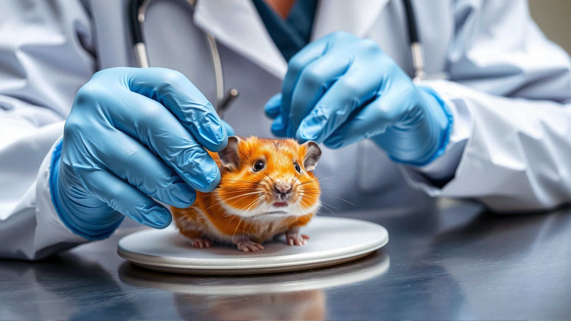 Veterinarian wearing latex gloves gently examining a hamster on a stainless-steel examination table.