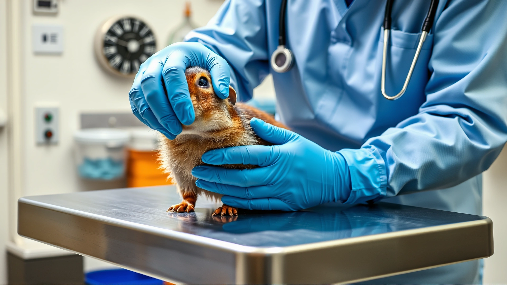 Veterinarian wearing gloves gently examining a prairie dog on a stainless steel exam table in a clinic, no text