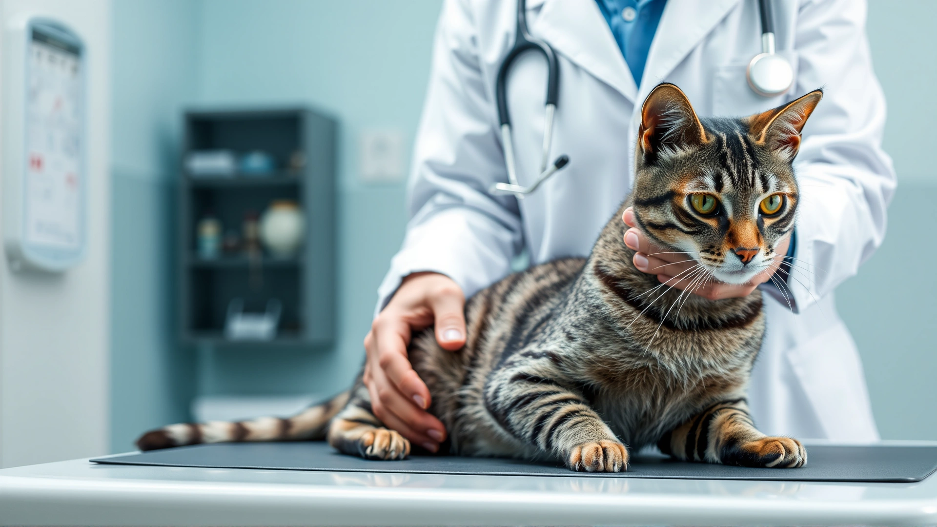 Veterinarian in white coat gently examining a grey tabby cat on an exam table, clinical background