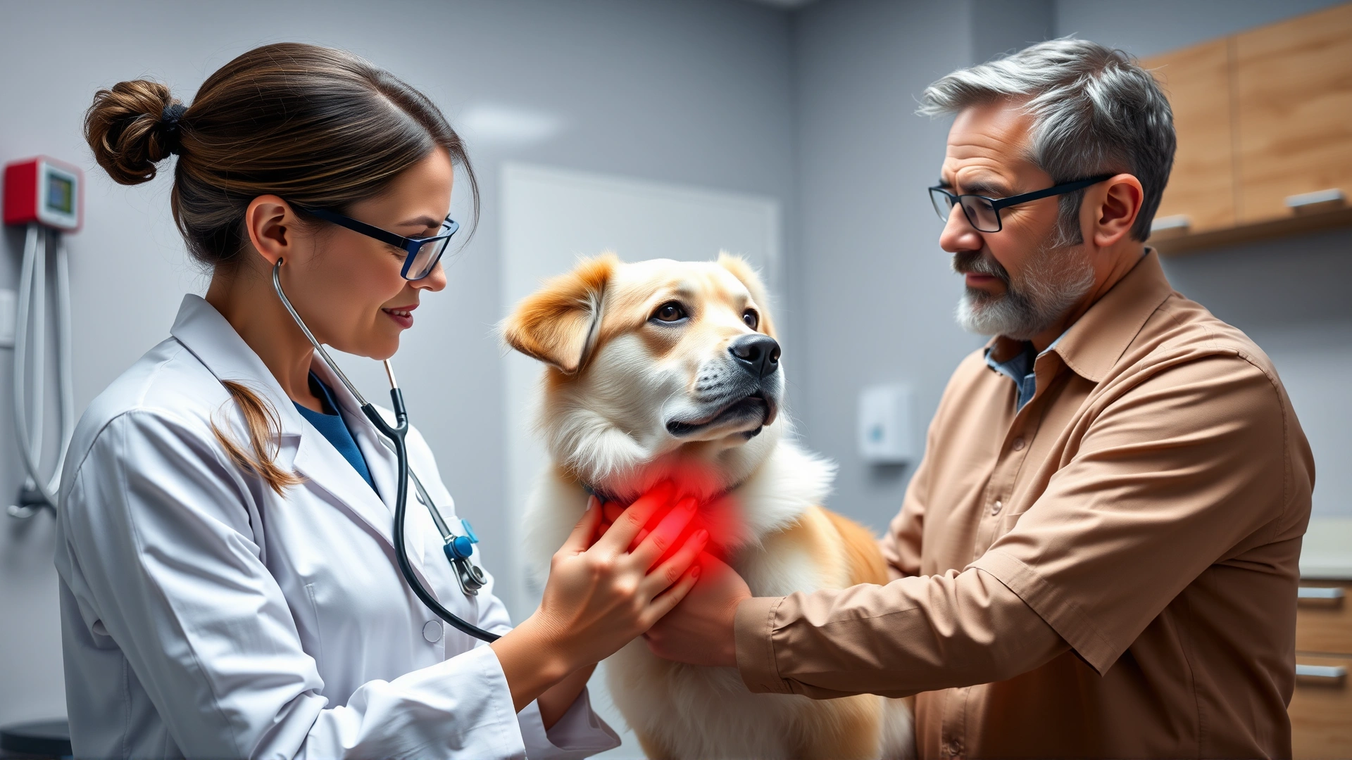 Female veterinarian listening to a dog’s heart using a stethoscope while the dog’s owner watches attentively in a modern exam room.