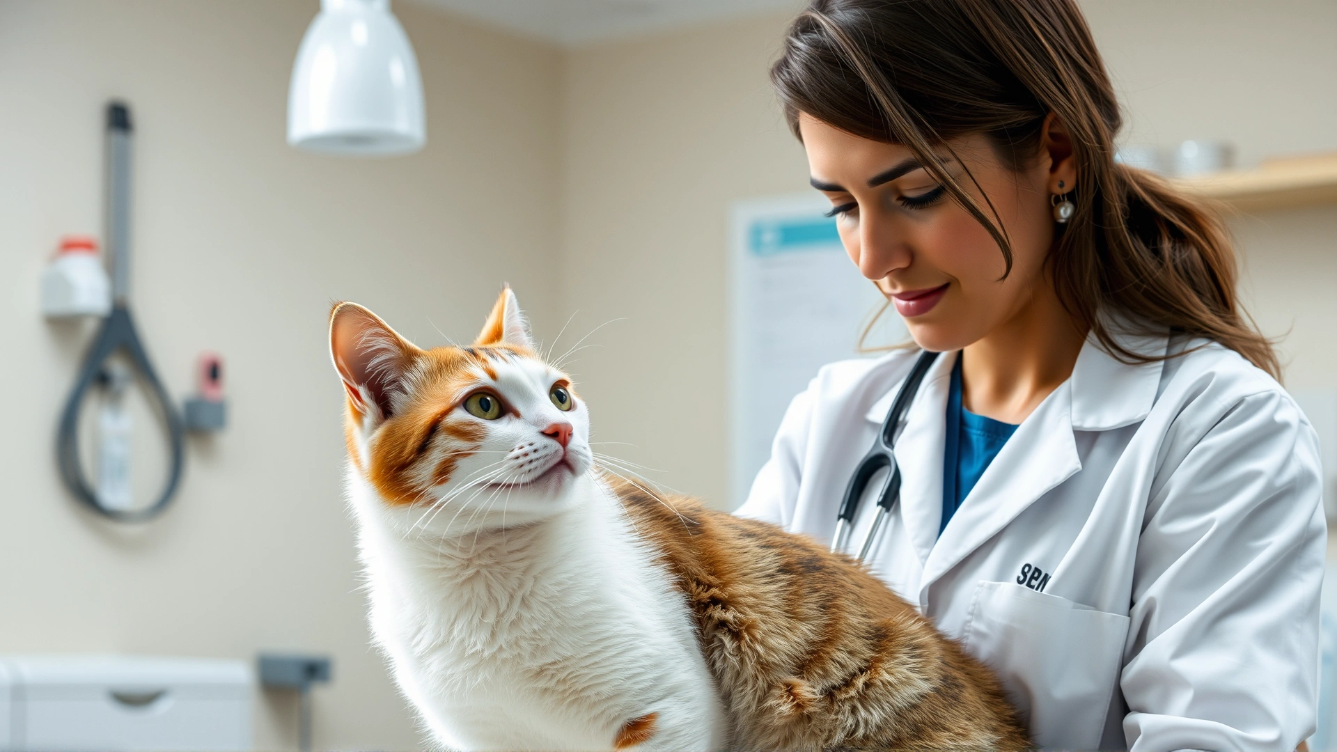 Veterinarian wearing a white lab coat gently examining a cat’s skin lesions in a well-lit veterinary clinic.