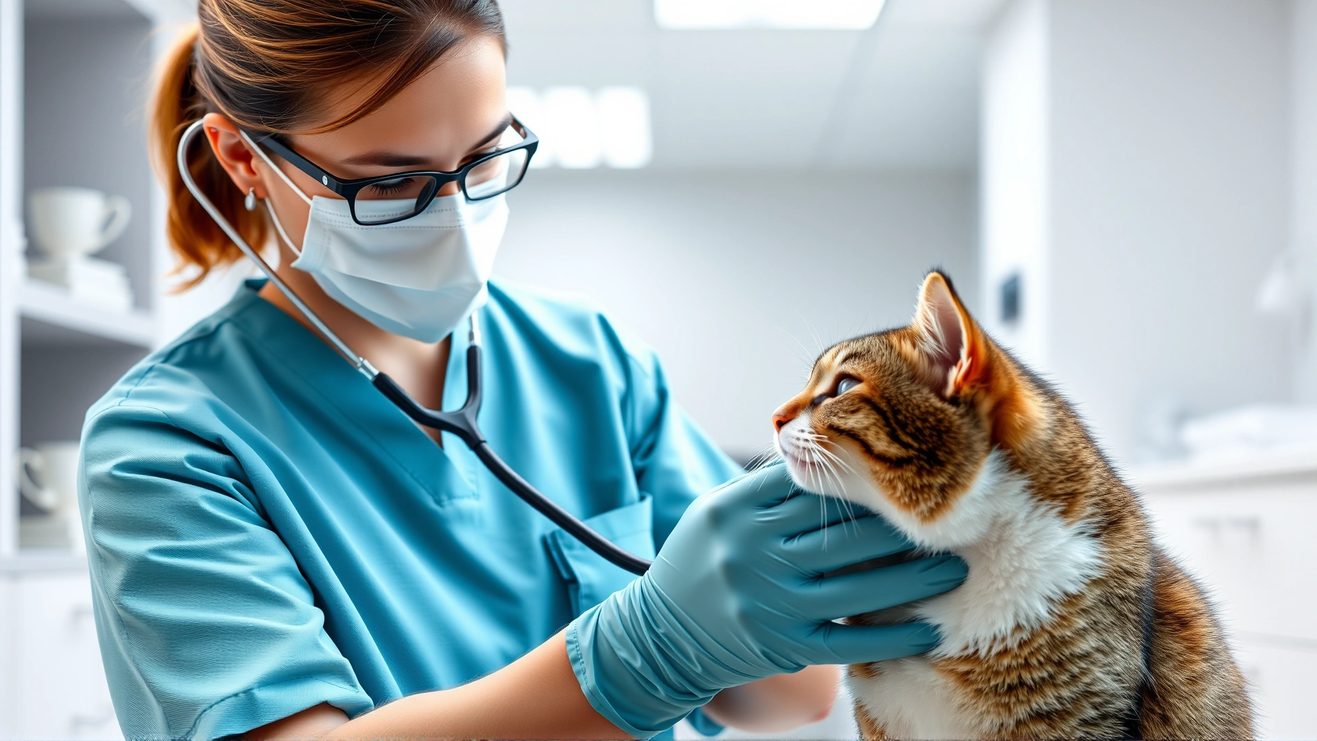 Veterinarian wearing mask and gloves using a stethoscope to listen to a cat's chest in a bright modern clinic