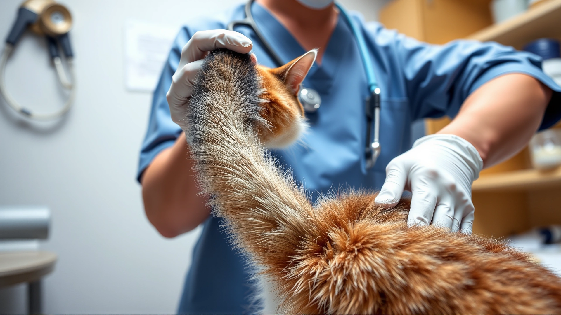 A veterinarian in a clinic gently lifting a cat's tail to inspect the tail base, demonstrating the diagnostic process.