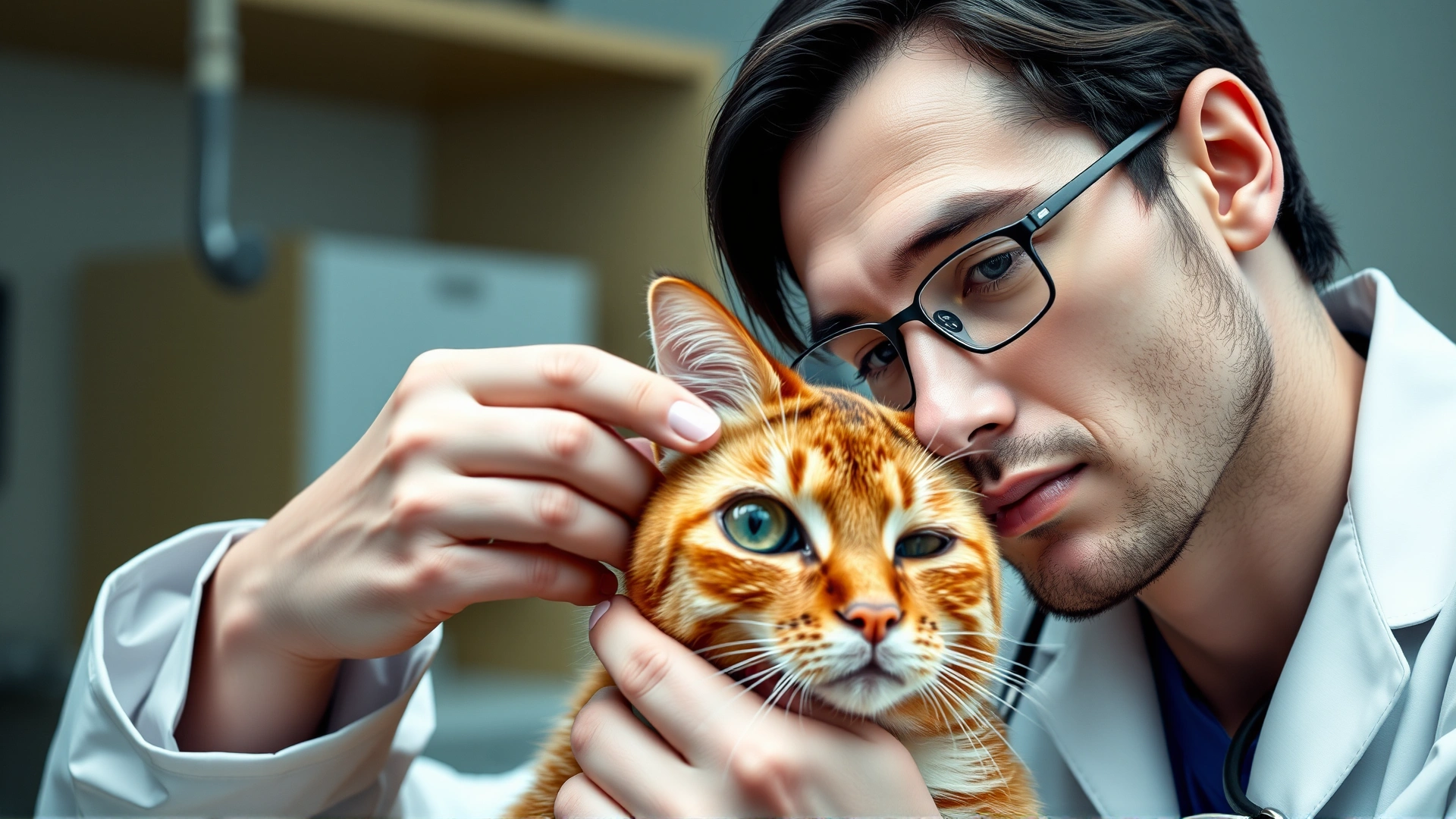 Veterinarian in white coat carefully examining a cat's eye in a clinical setting