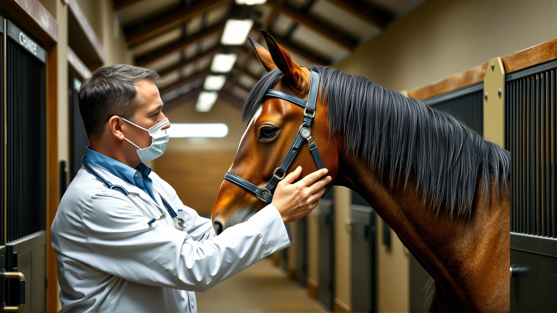 A veterinarian wearing a stethoscope gently examining a chestnut horse inside a stable aisle.
