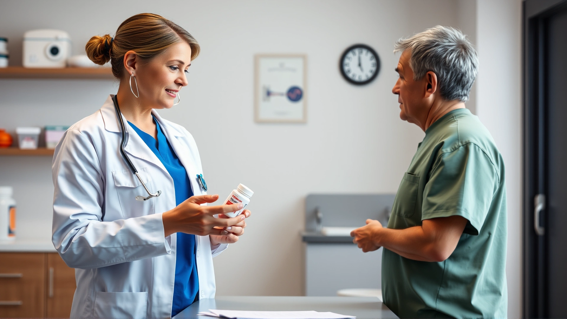 Female veterinarian wearing a white coat explaining a prescription to a pet owner while holding a medication bottle, clinic interior