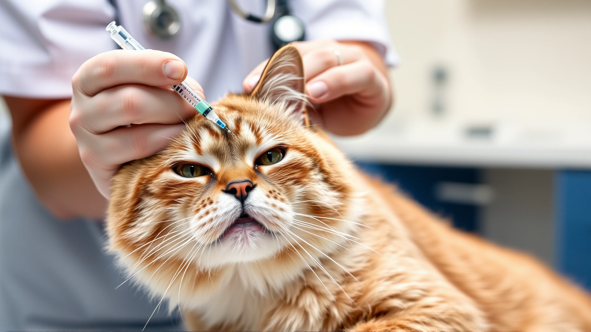 Veterinarian administering an injection to a calm cat, professional clinic setting, soft lighting.