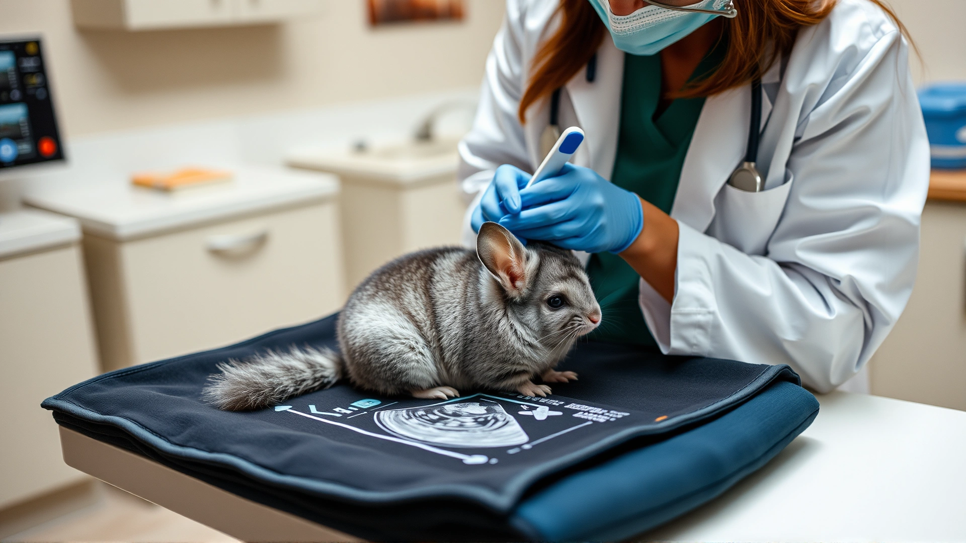 Veterinarian gently performing an ultrasound on a chinchilla on a padded table, with clear focus on the probe and the animal, clinic environment softly blurred.