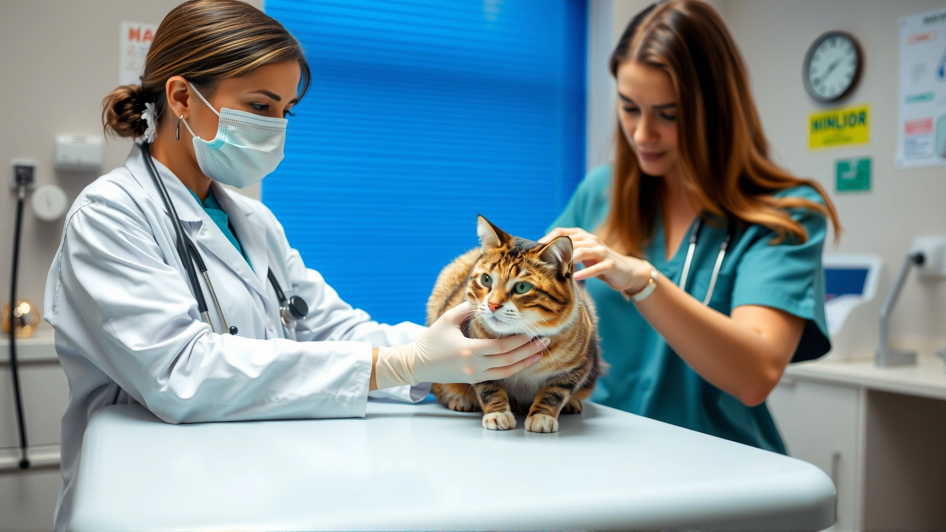 Veterinarian in a bright clinic examining a calm cat on the examination table, showcasing regular vet check-ups