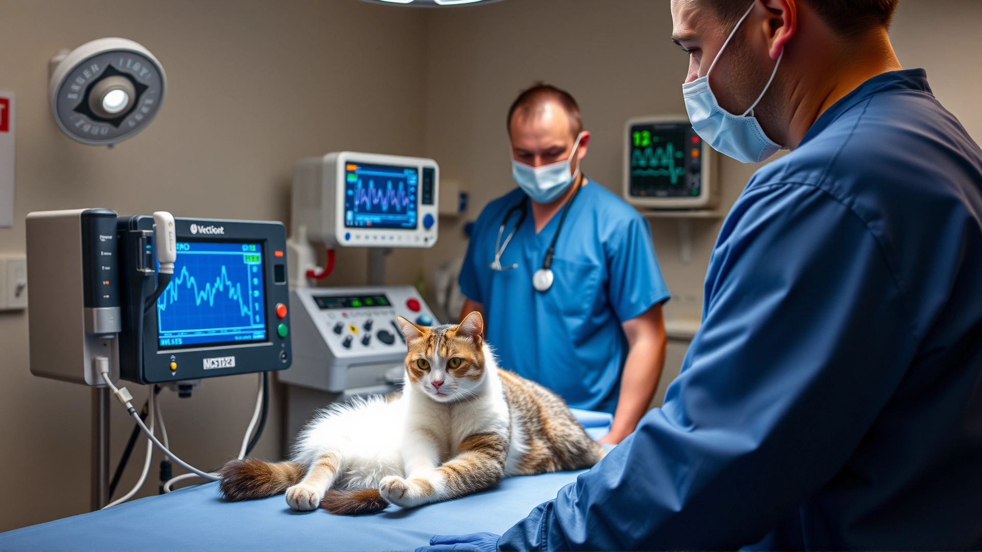 Veterinary team monitoring a sedated cat connected to IV fluids and vital-sign monitors.