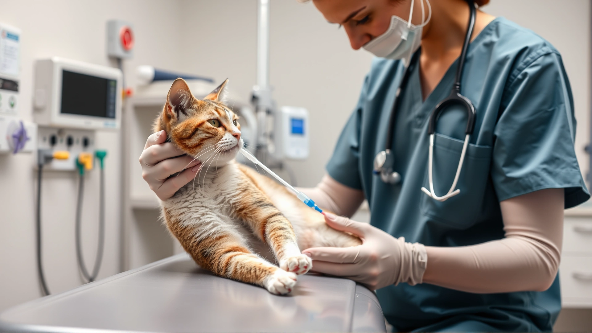 Veterinarian in scrubs placing an IV catheter into a cat's leg on an exam table, medical equipment in background, bright clinic lighting.