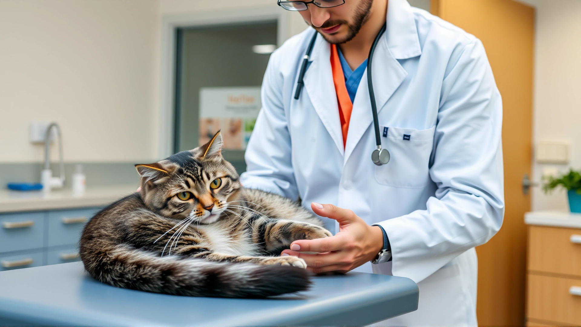 Veterinarian in a white coat examining a grey tabby cat on an exam table, stethoscope visible, modern clinic setting, bright and clean environment