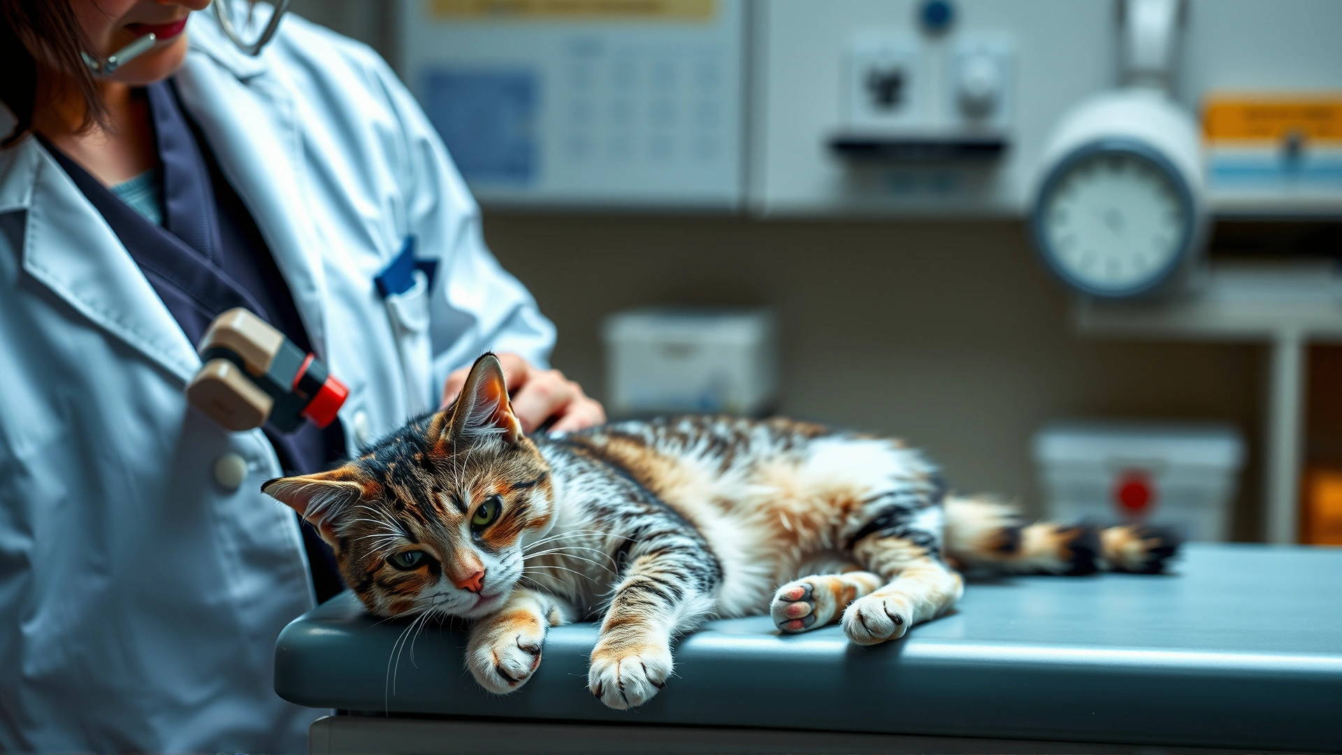 Veterinarian in a white coat examining a sick cat on an examination table under clinical lighting.