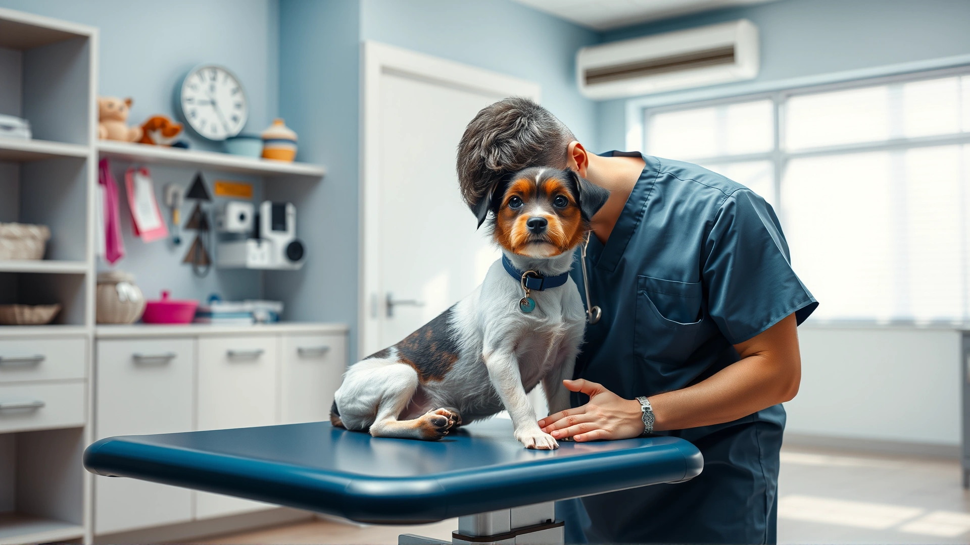 Veterinarian examining a small dog on an exam table in a bright pet clinic