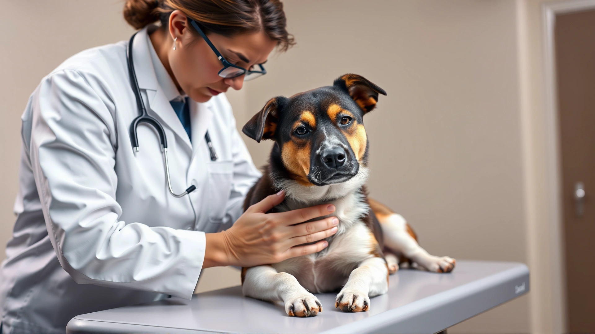 Vet gently examining a dog on an exam table, stethoscope visible, calm clinical setting.