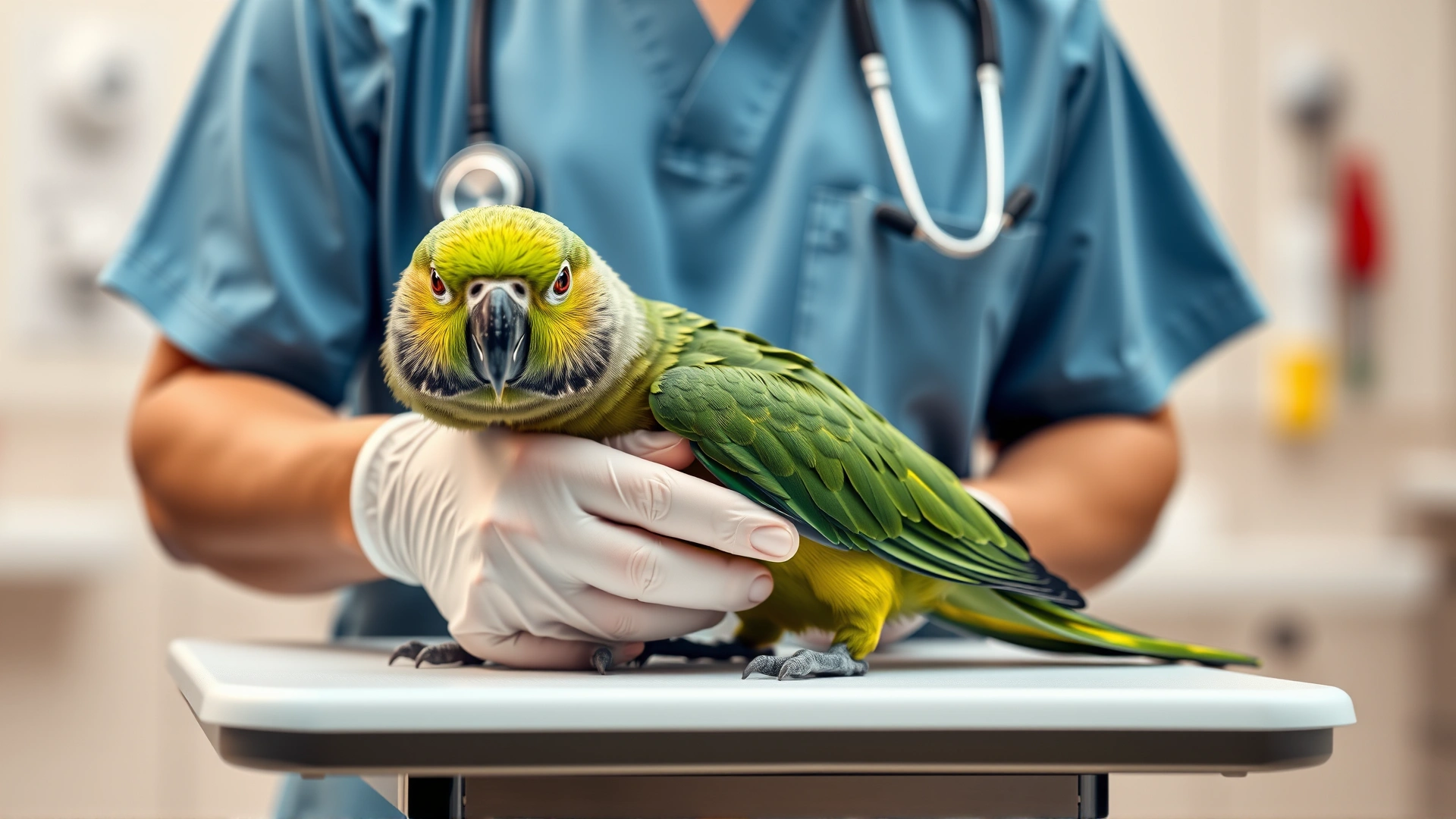 A veterinarian gently examining a green Amazon parrot on a table, stethoscope visible, clinic background, bright lighting, high resolution