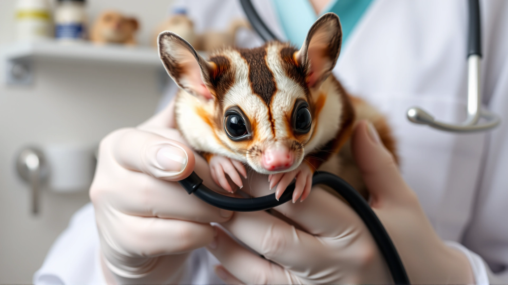 A veterinarian gently holding a sugar glider while examining it with a stethoscope inside a small-animal clinic.