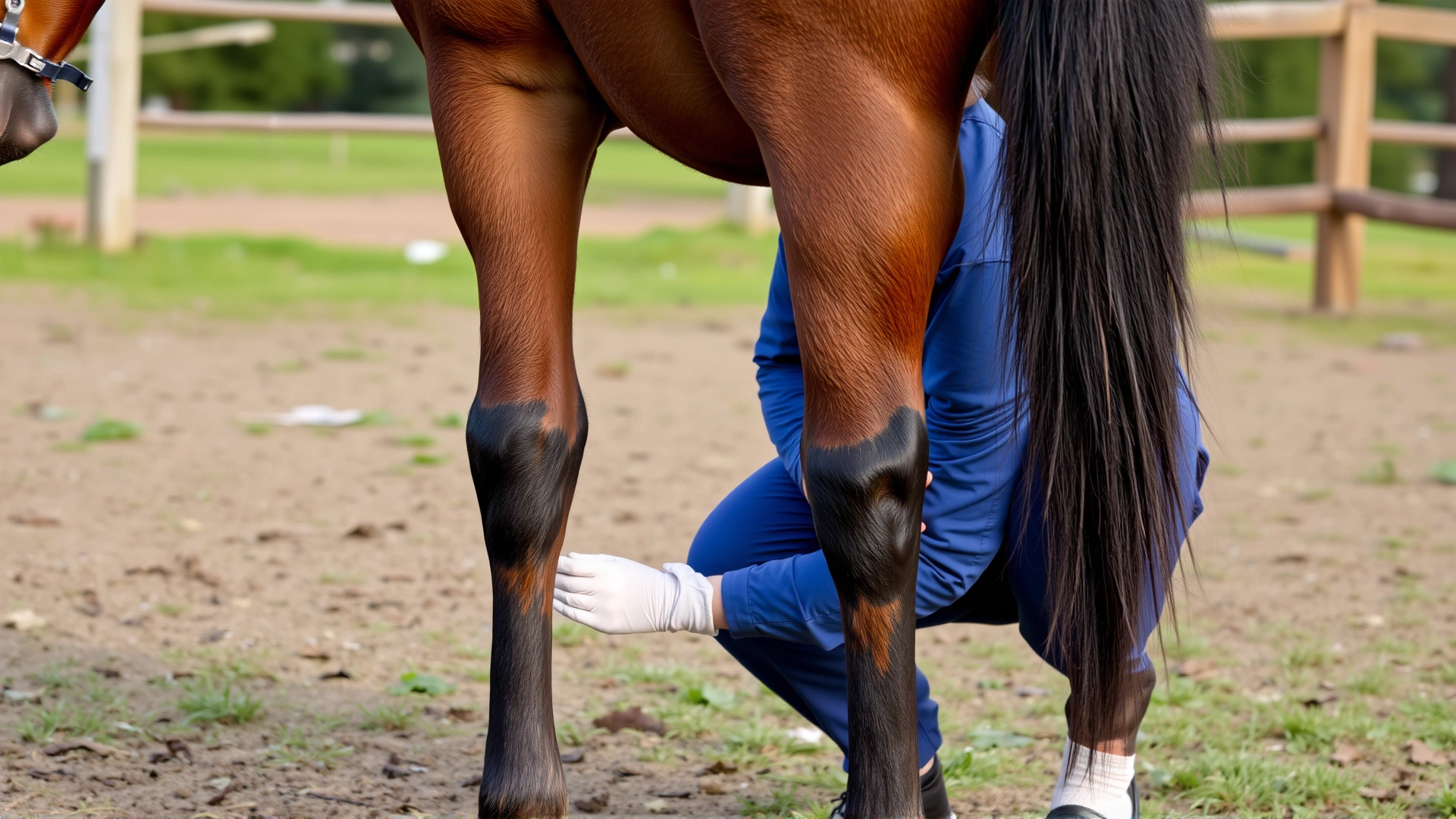 Equine veterinarian examining the hind leg tendons of a bay Paso Fino horse in a paddock