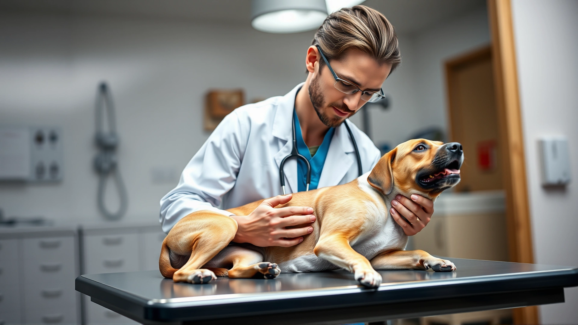 Veterinarian in white coat gently examining a relaxed dog on an exam table, clinic background softly blurred