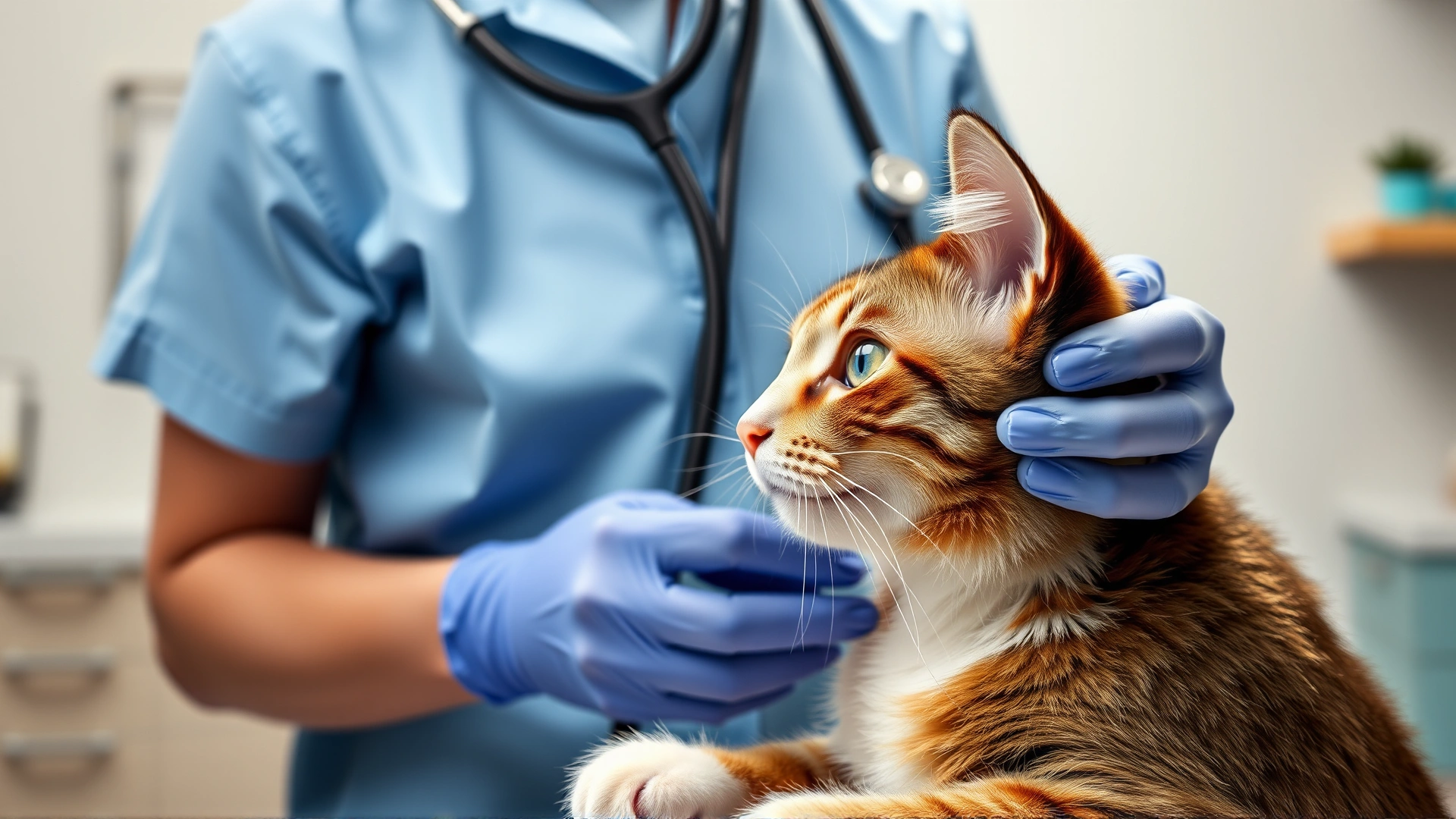 Veterinarian listening to a cat's heart with stethoscope during routine check-up, modern clinic setting