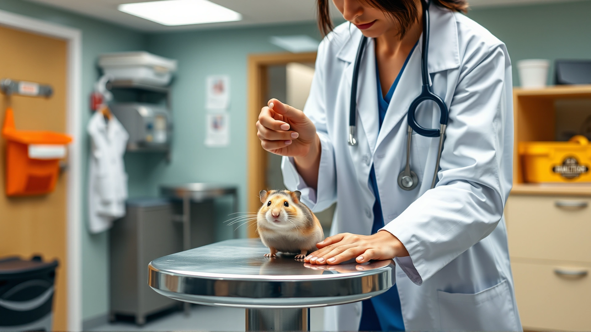 Veterinarian wearing white coat gently examining a hamster on a stainless-steel exam table, clinic environment in background.