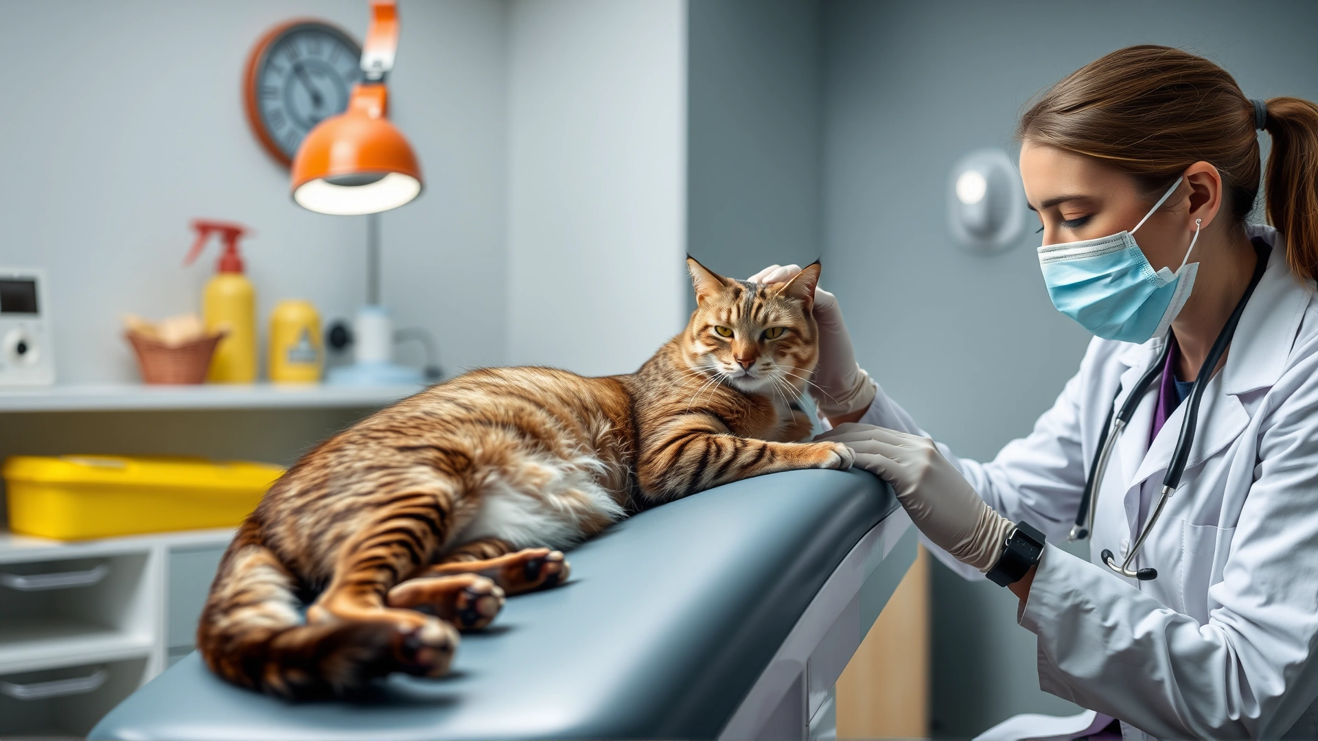 Veterinarian performing a routine health check on a calm cat on an examination table in a modern clinic