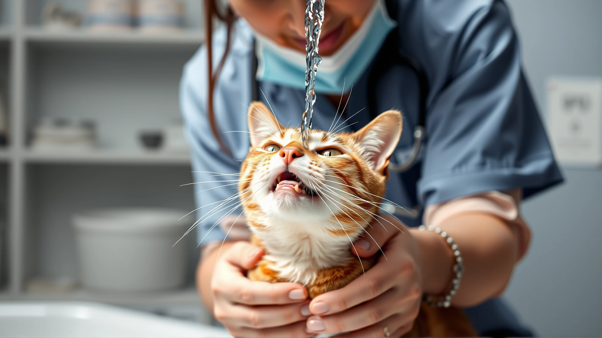 Veterinarian in clinic rinsing a cat's mouth with gentle water stream, clinical setting, no text