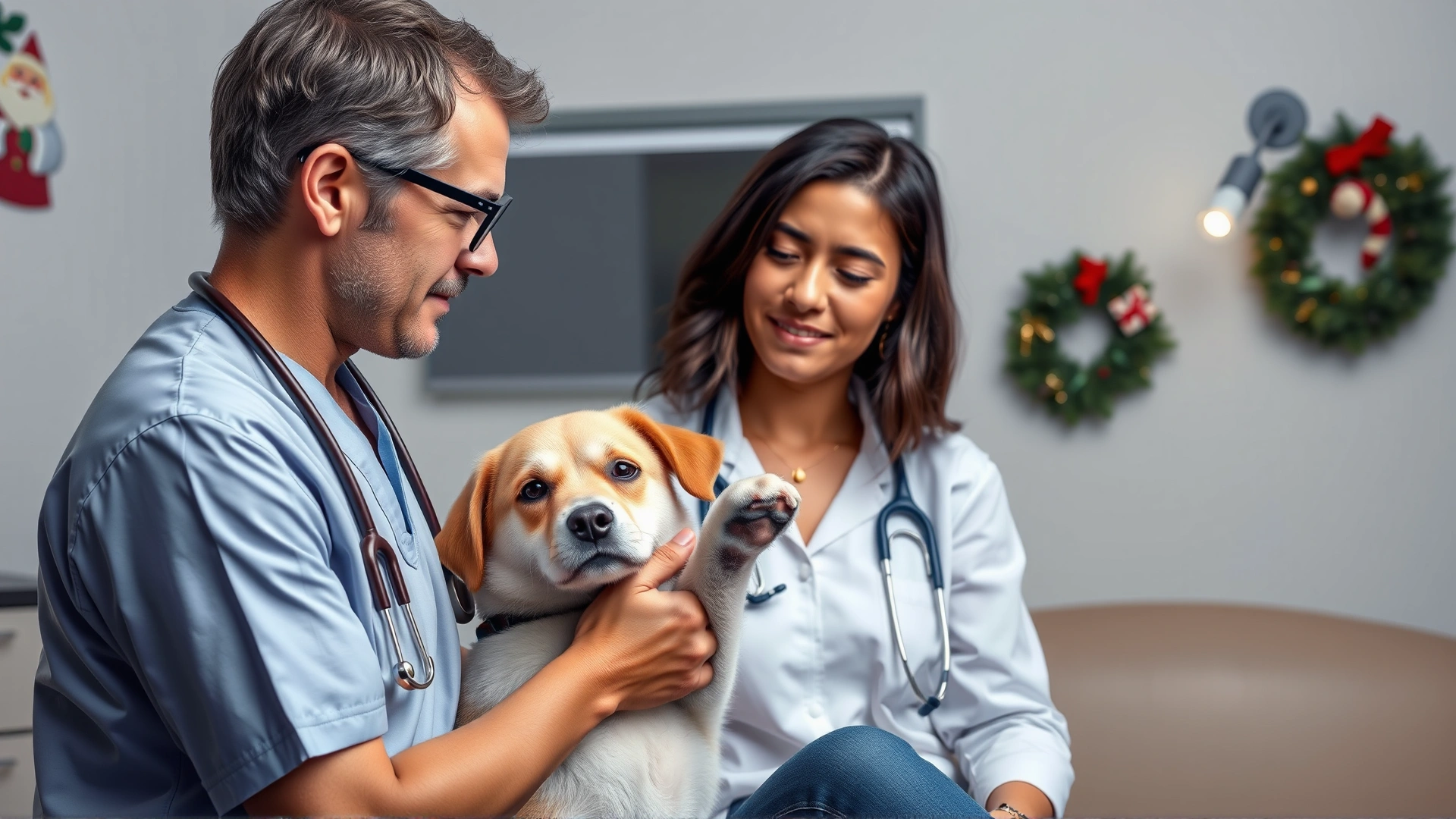 Veterinarian gently holding a dog's paw while talking compassionately to the owner in a small exam room with subtle holiday ornaments.