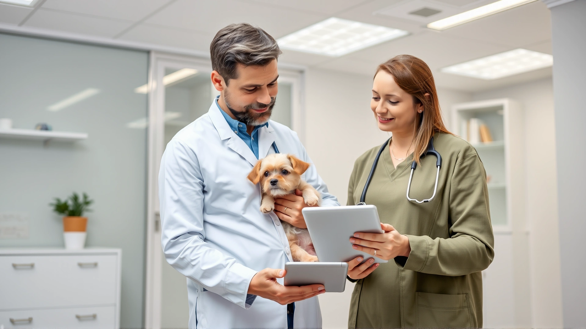 Pet owner holding a small dog while discussing with a veterinarian in a modern clinic office, both looking at a digital tablet.