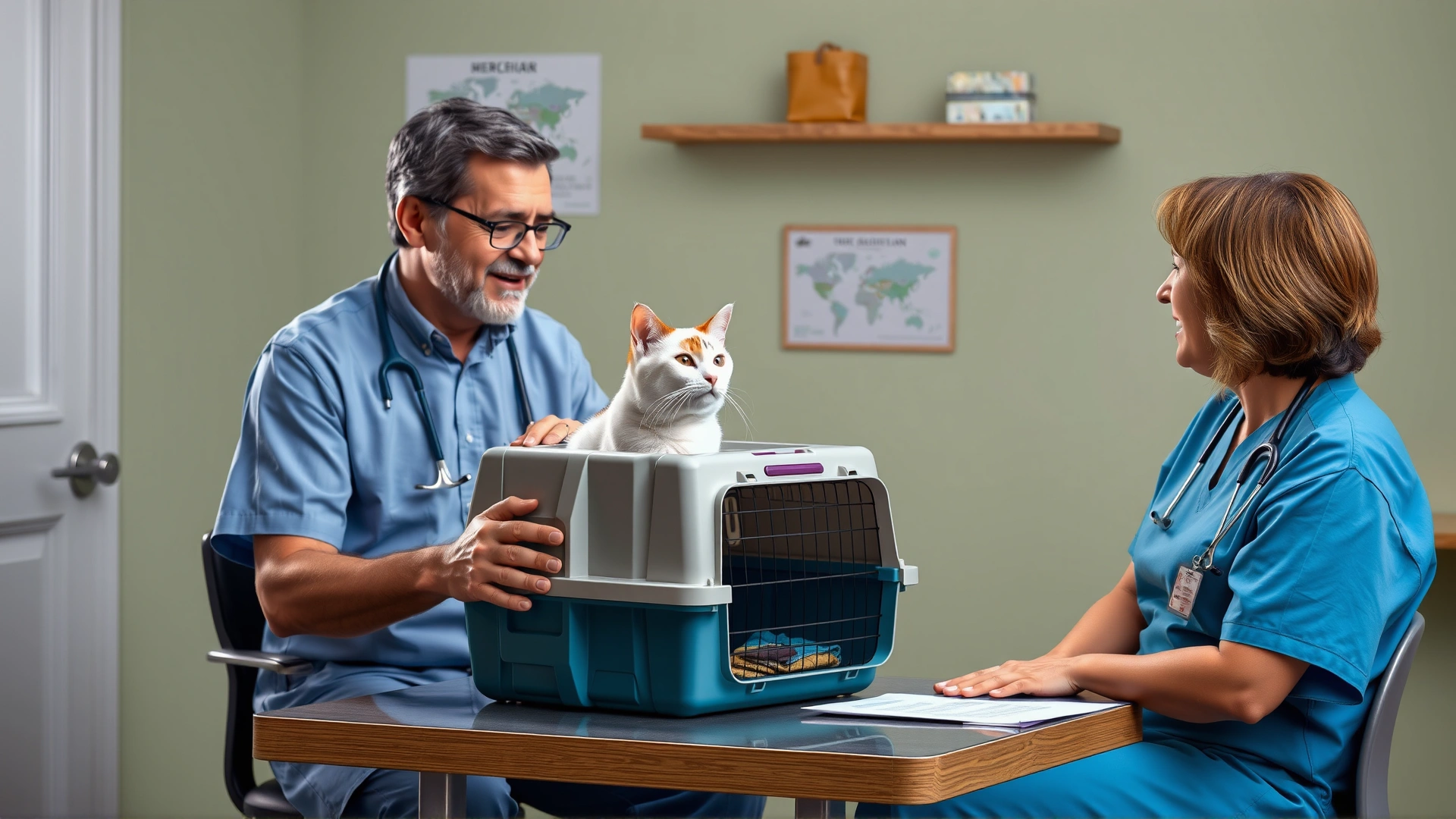 Veterinarian seated across from cat owner, discussing treatment plan while the cat sits in carrier on the table, friendly atmosphere.