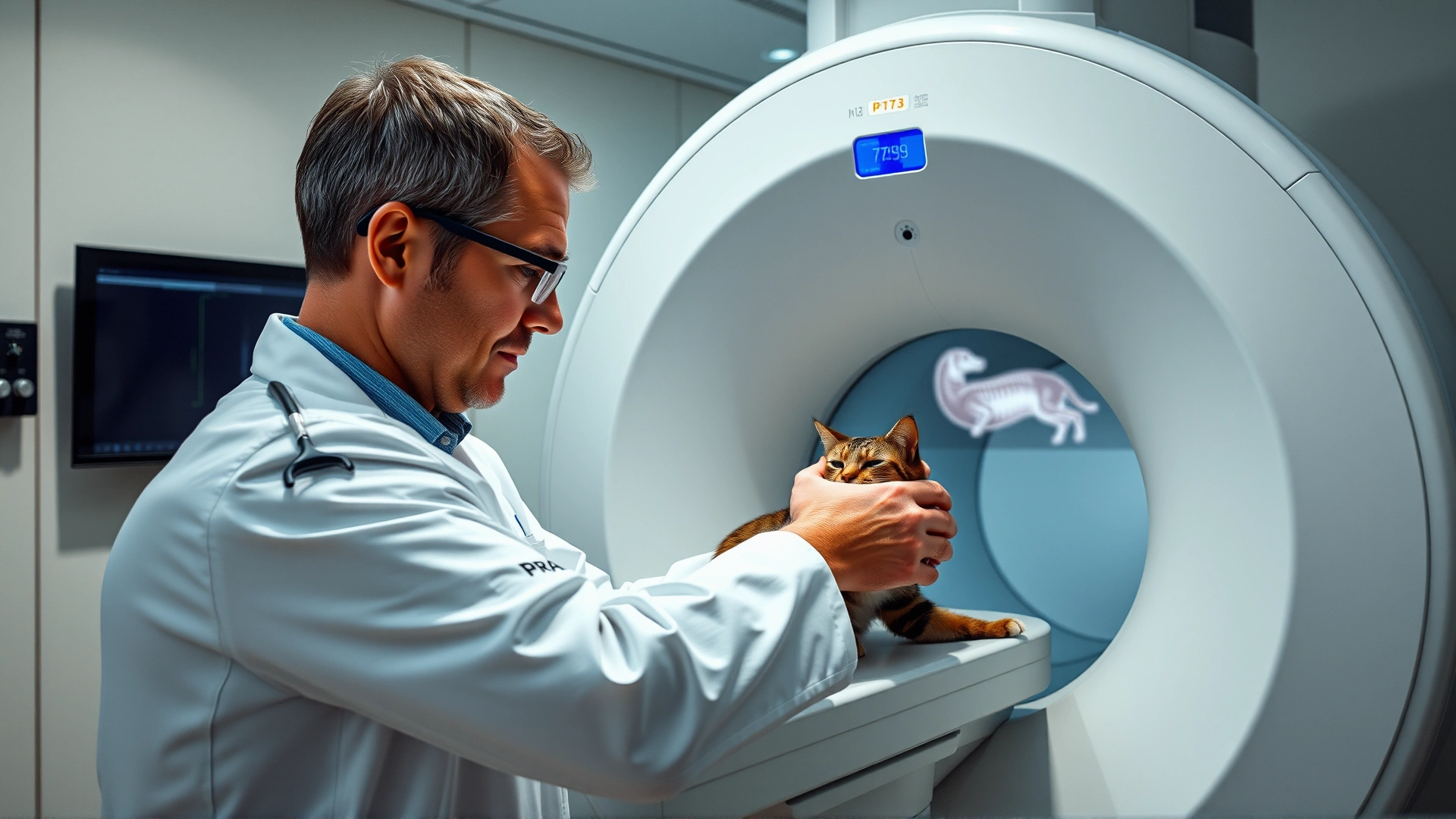 Veterinarian in white coat performing an MRI scan on a sedated cat inside a modern veterinary imaging room, no text