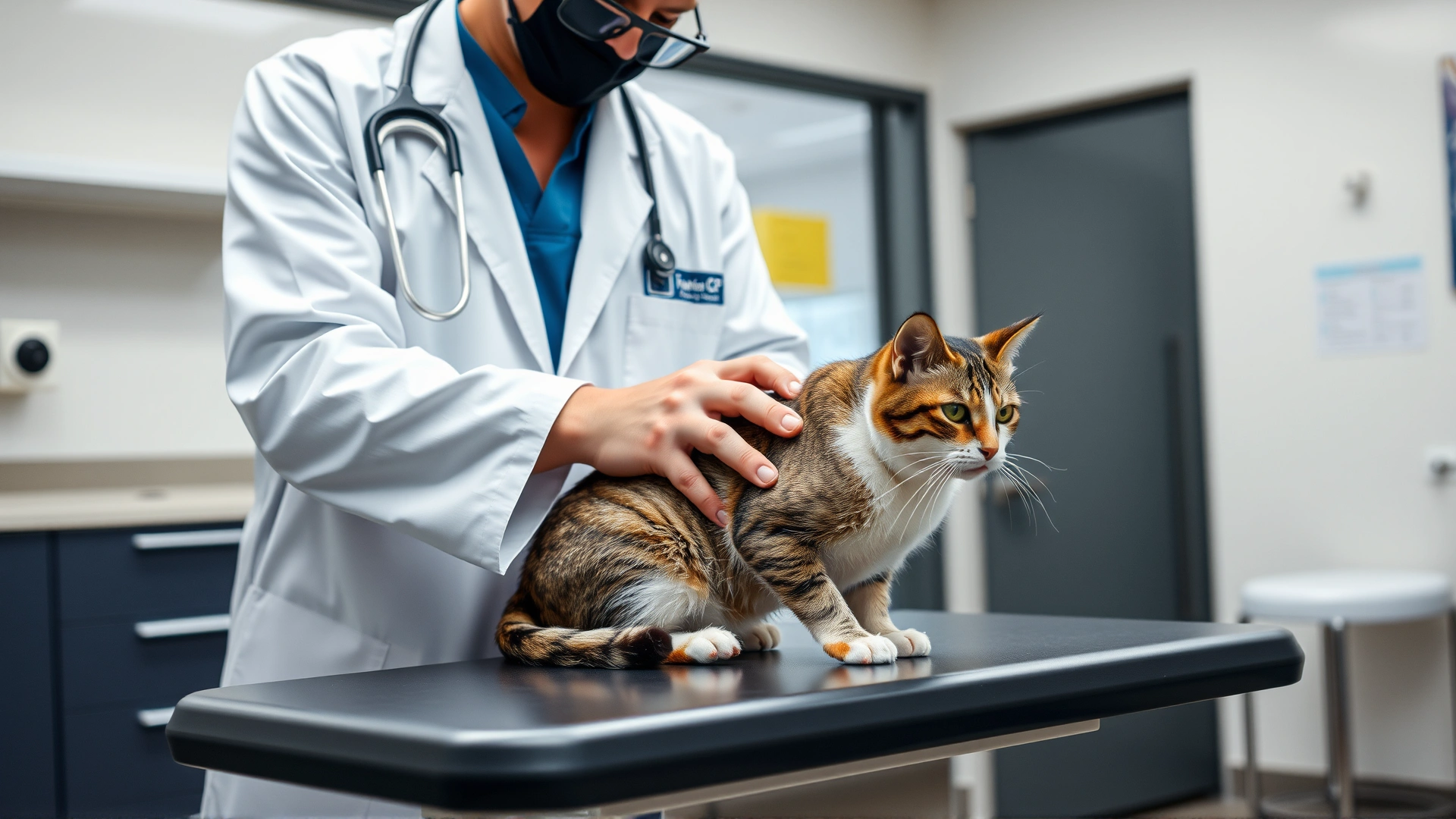 Veterinarian wearing a white coat gently examining an older cat on an exam table in a modern veterinary clinic.