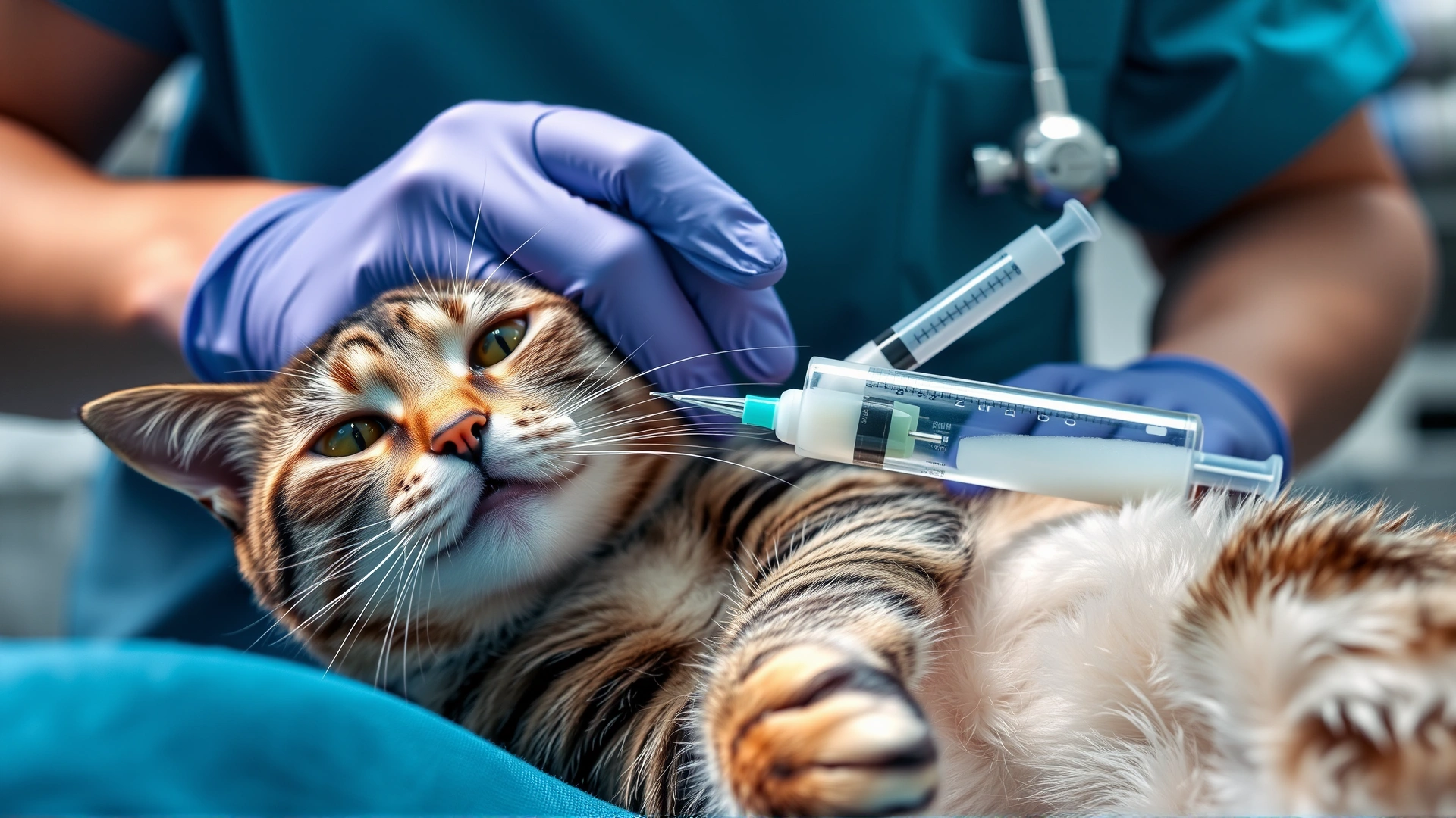 Veterinarian performing thoracocentesis on a sedated cat, focus on sterile needle and milky fluid in syringe, clinic environment