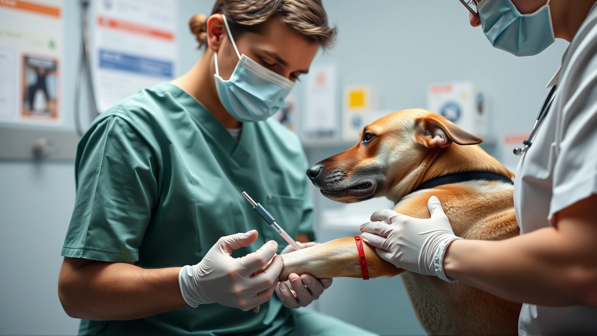 Veterinarian drawing blood from a dog's foreleg in a clinic, assistant gently restraining the dog