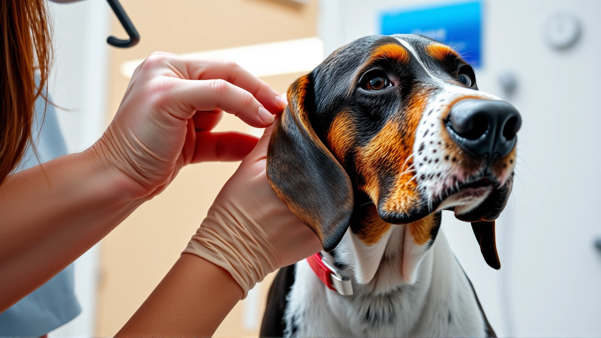 Veterinarian gently examining the ear of a Treeing Walker Coonhound in a modern clinic, depicting routine health check.