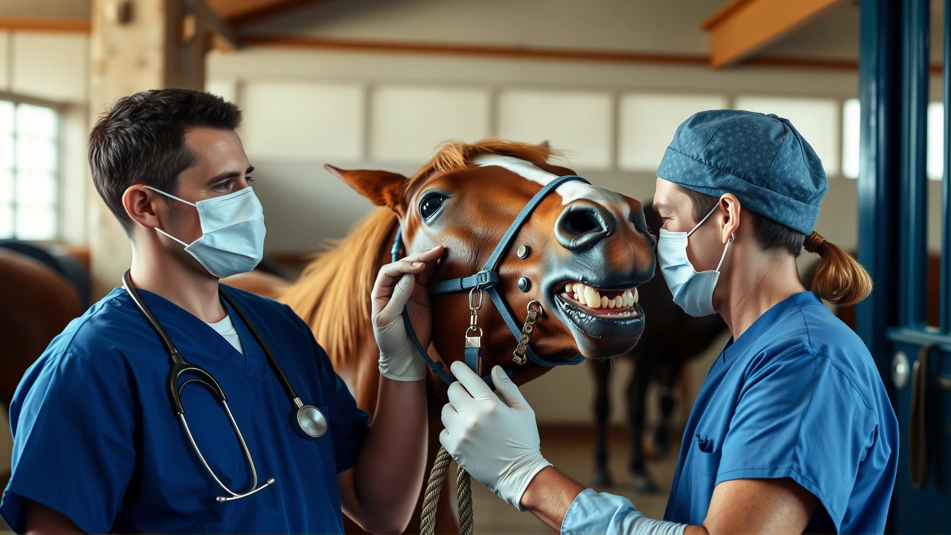 Veterinarian in blue scrubs using a speculum to examine a horse’s teeth inside a barn, assistant gently holding the lead rope