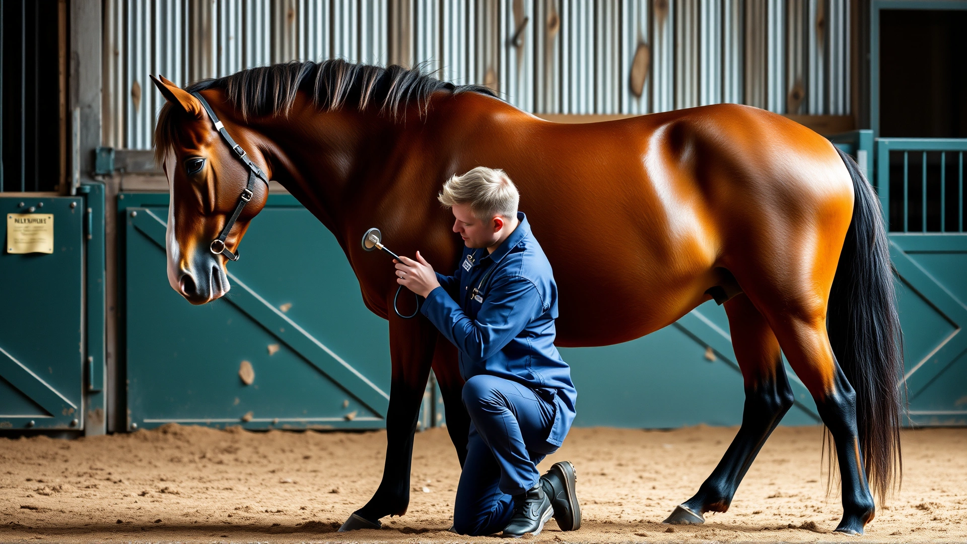 Equine veterinarian kneeling beside a bay horse, gently palpating the horse's hindquarters while holding a stethoscope, barn interior background