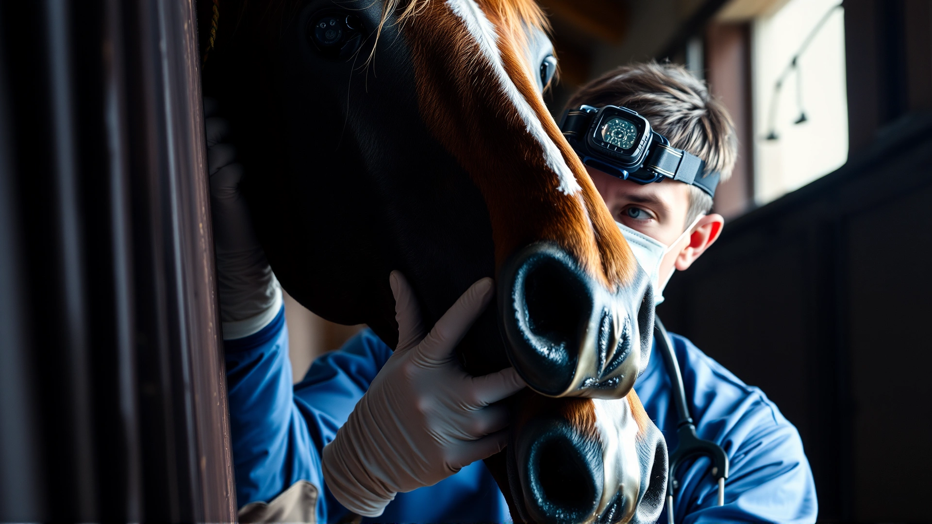 A veterinarian gently examining a horse's head and nostrils inside a stable, wearing protective gloves and using a headlamp.