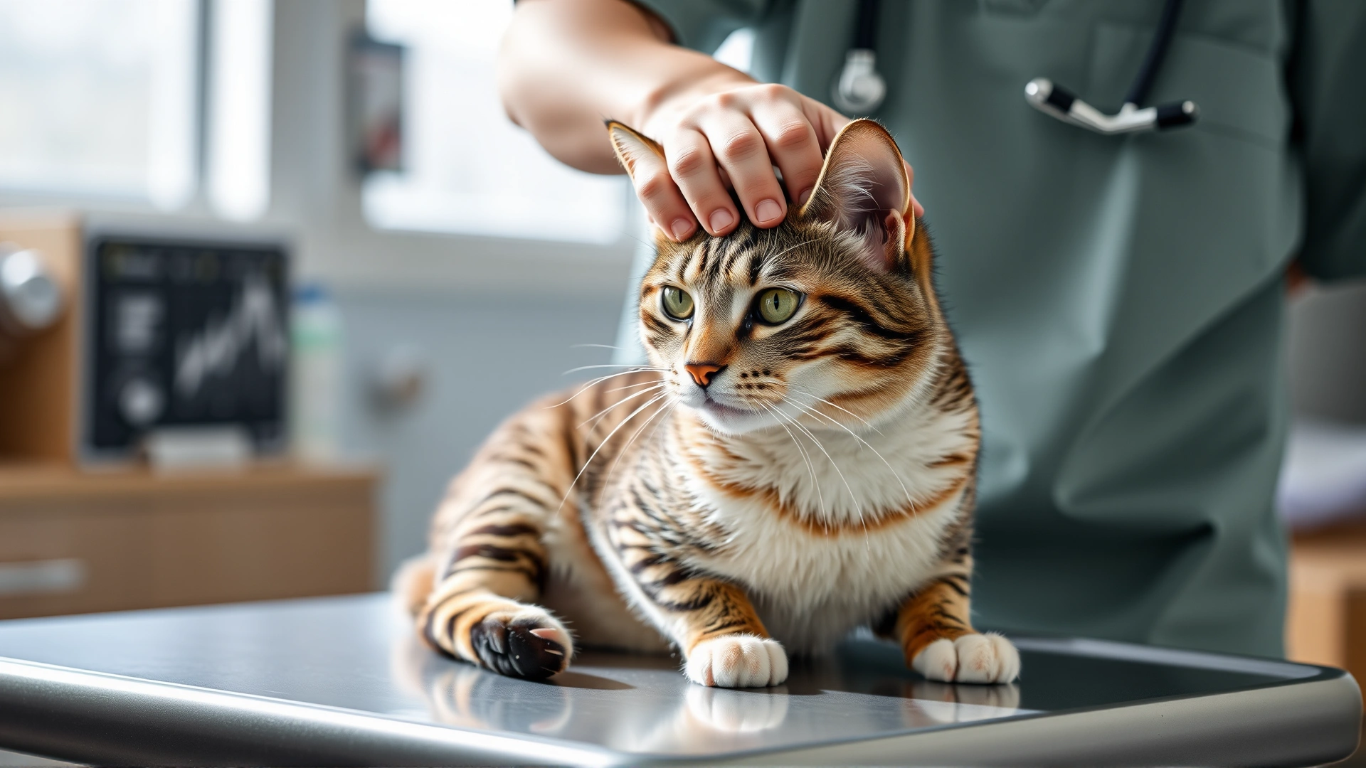 Veterinarian wearing scrubs gently palpating the abdomen of a tabby cat on an examination table, bright clinic background