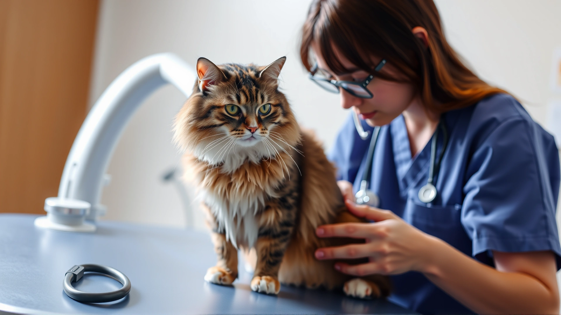 Veterinarian in scrubs examining a cat on an exam table with a stethoscope.