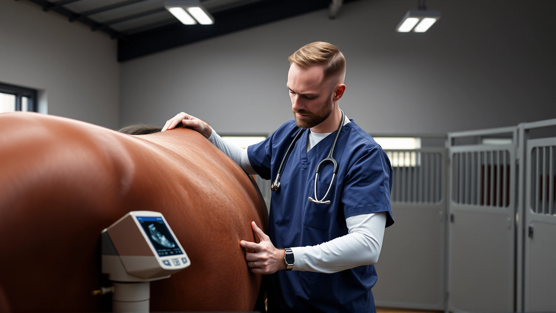 Professional veterinarian in scrubs performing an ultrasound scan on a horse’s lumbar area inside a modern clinic barn