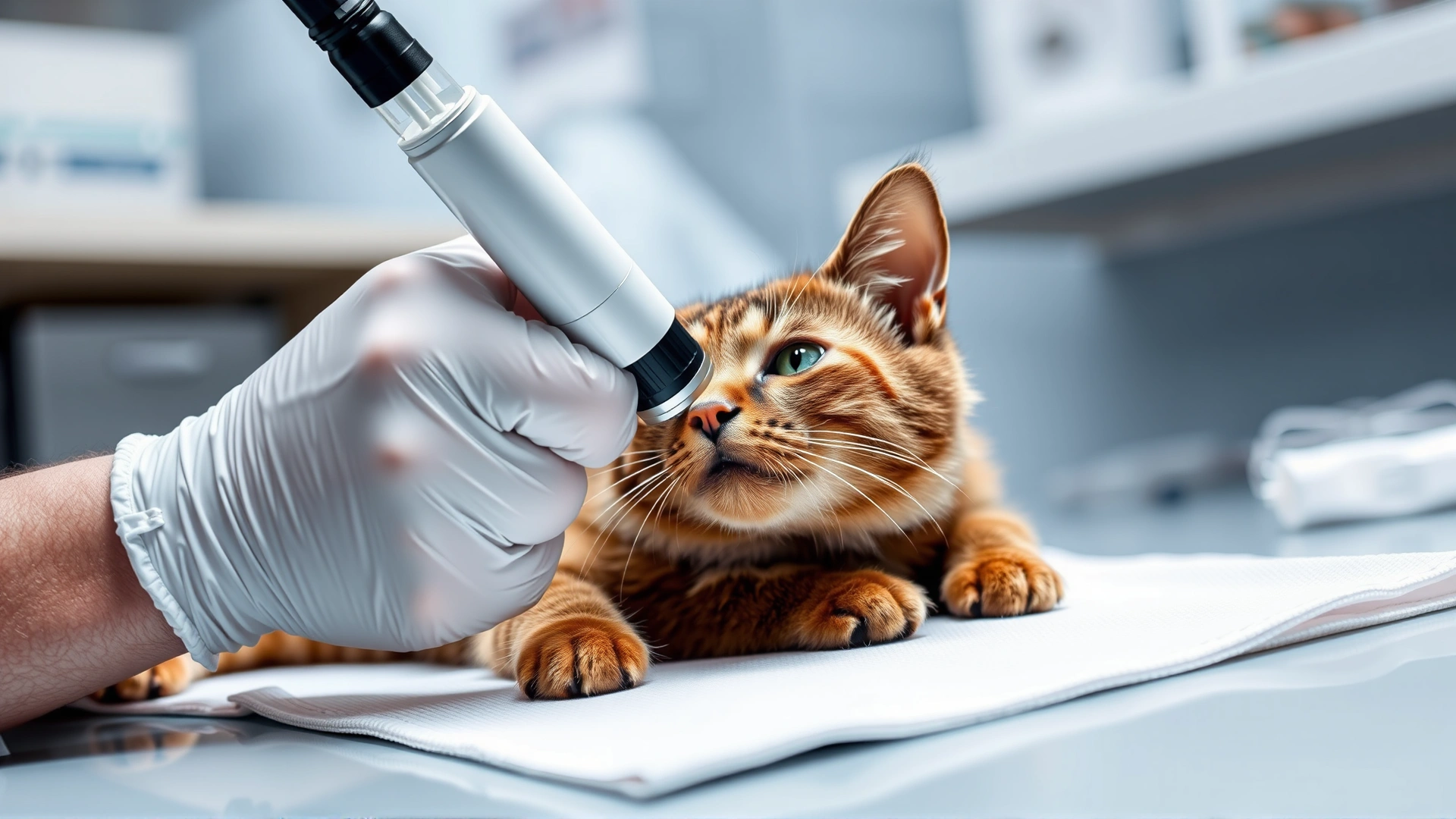 Veterinarian wearing gloves using a dermatoscope to inspect a small patch of a cat’s skin, clinical setting, focused on the interaction.