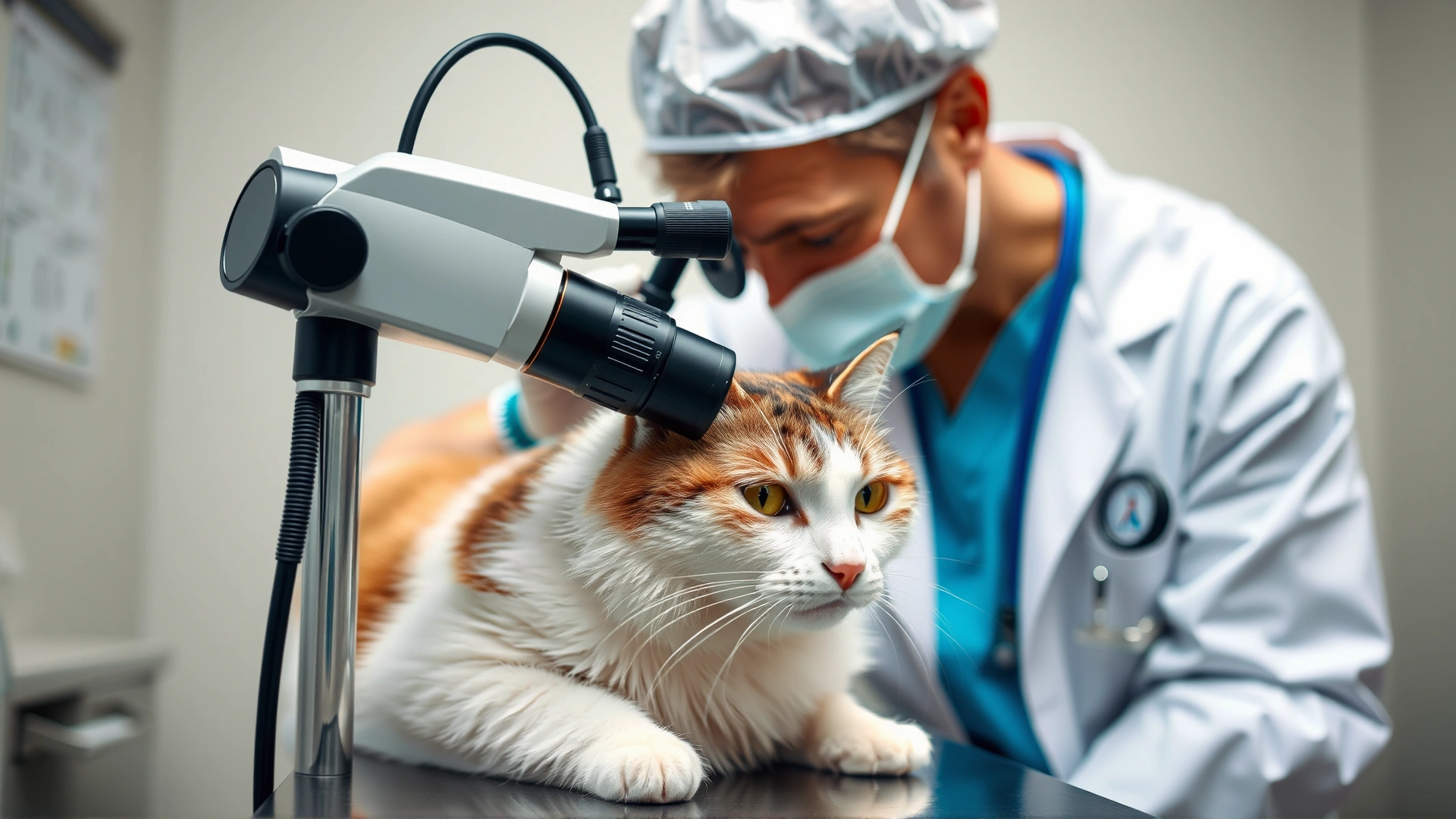 Veterinarian using an ophthalmoscope to inspect a cat's eyes on an examination table.