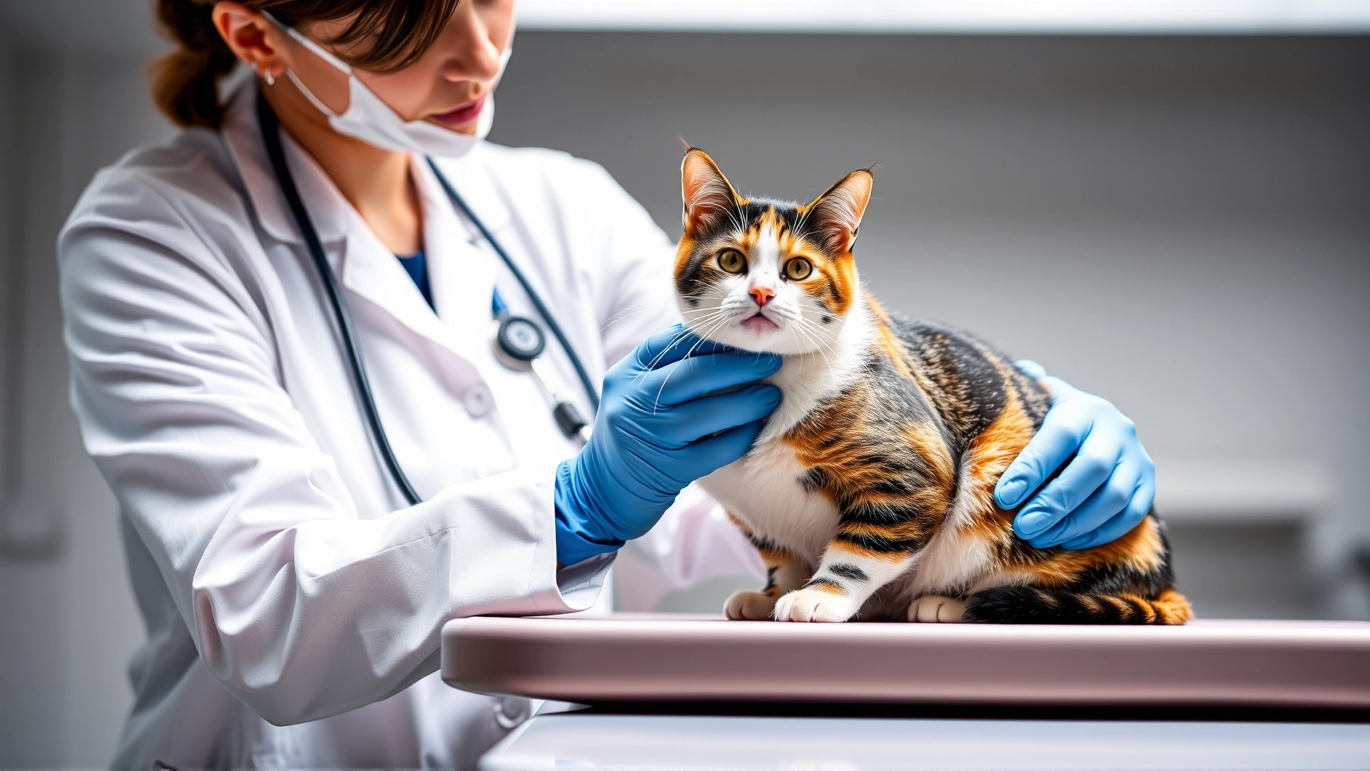 Veterinarian gently examining a calico cat on clinic table, wearing stethoscope and gloves, bright clinical setting