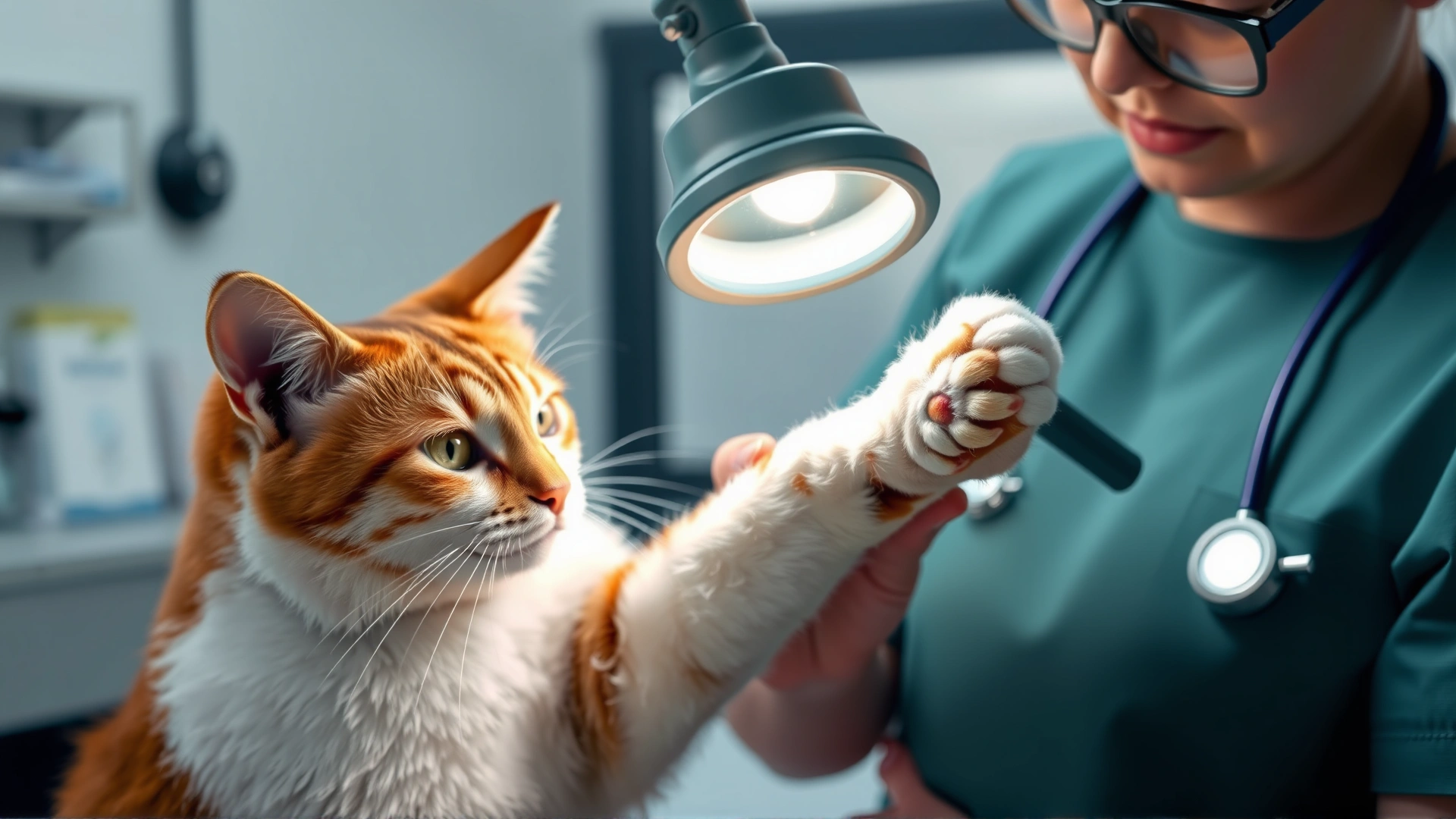 Veterinarian in a clinic gently holding a cat’s paw while examining the lesion with a magnifying light, professional setting, no visible text.