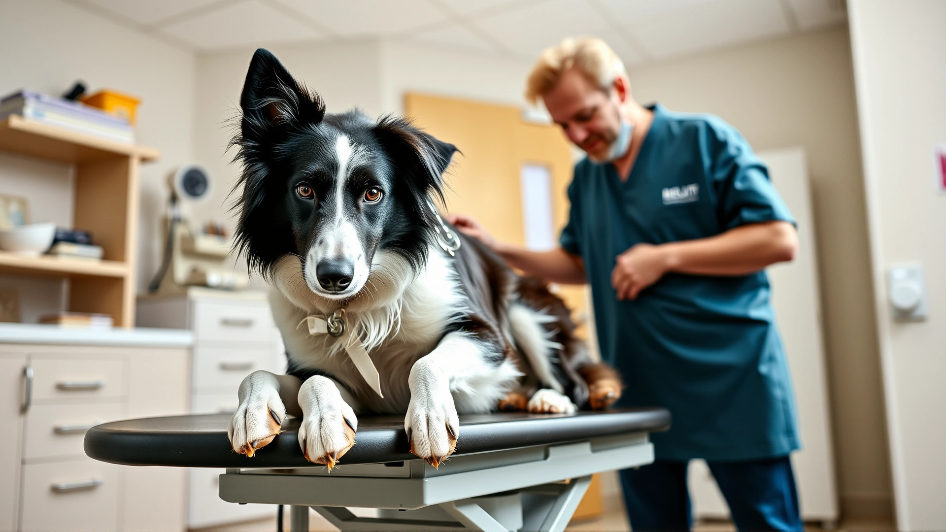 Veterinarian gently examining a Border Collie on an exam table with the owner standing nearby, bright clinic setting