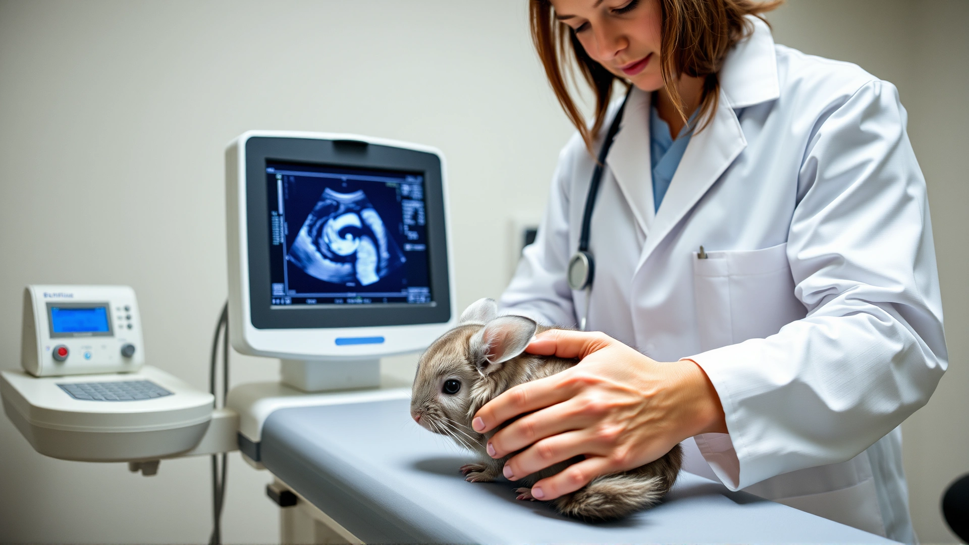 Veterinarian performing an ultrasound scan on a chinchilla on an exam table; the vet wears a white coat, medical equipment visible, focus on professional diagnostic procedure.