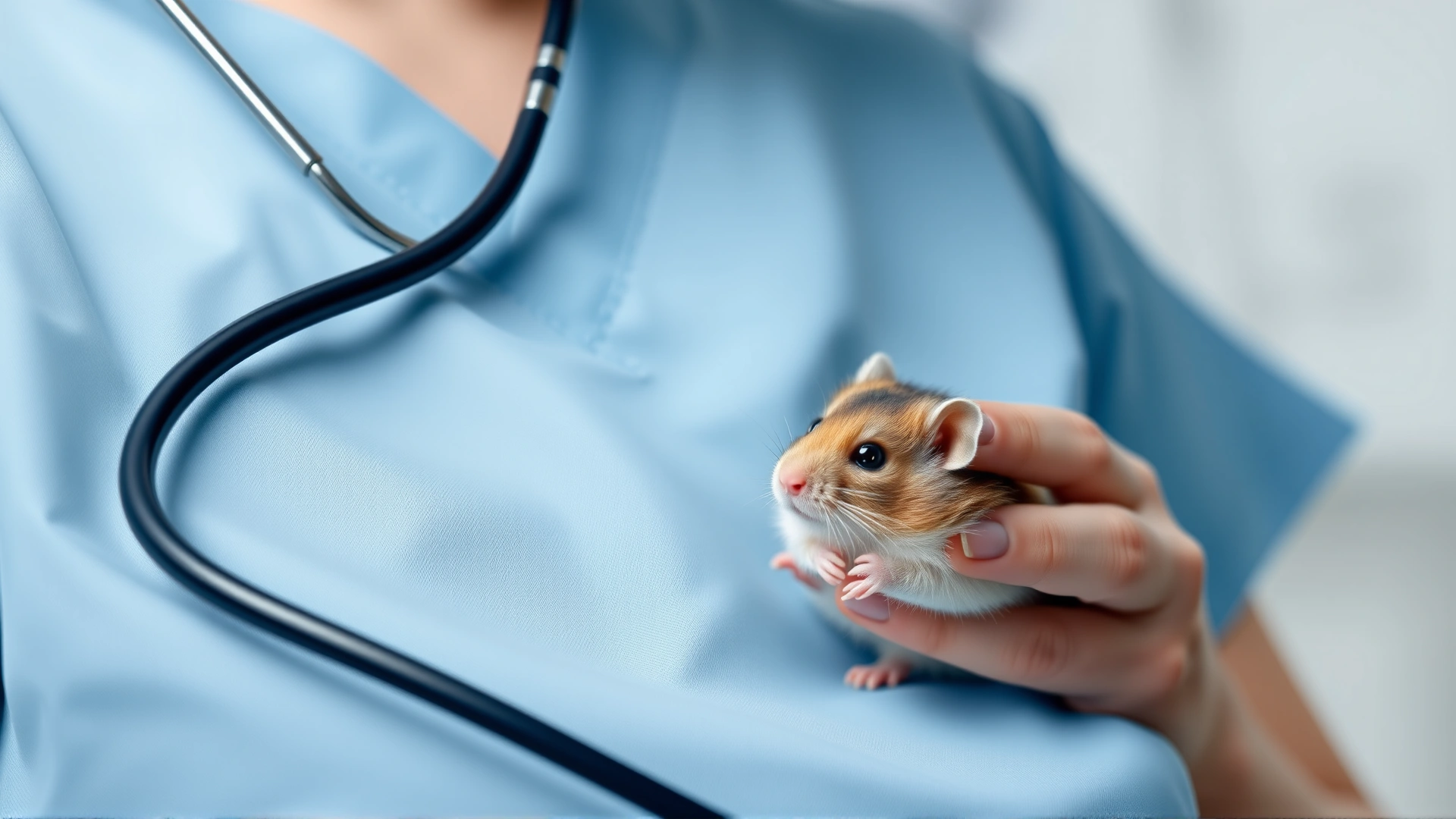 A veterinarian wearing light blue scrubs gently listening to a hamster's chest with a tiny stethoscope, clinic background softly blurred.