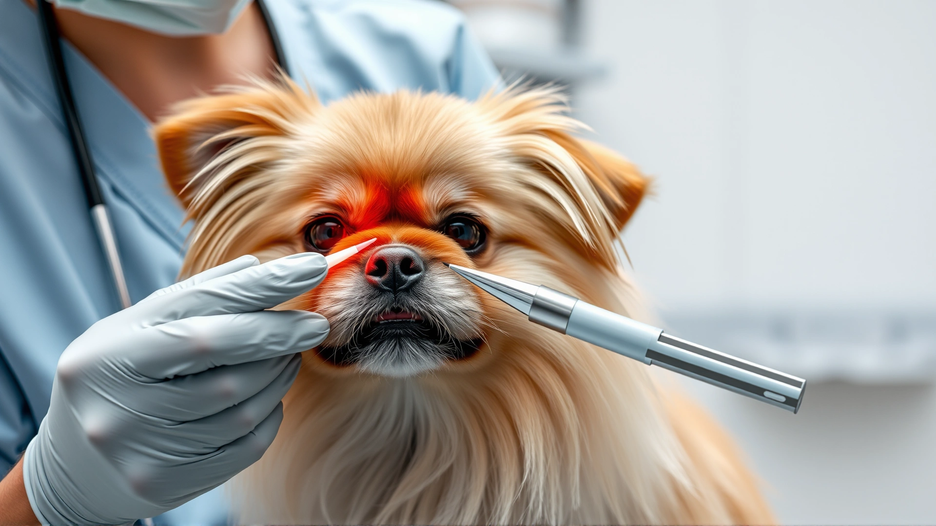 Professional veterinary check-up scene with a veterinarian gently examining a Pekingese dog's eyes and breathing with medical instruments visible