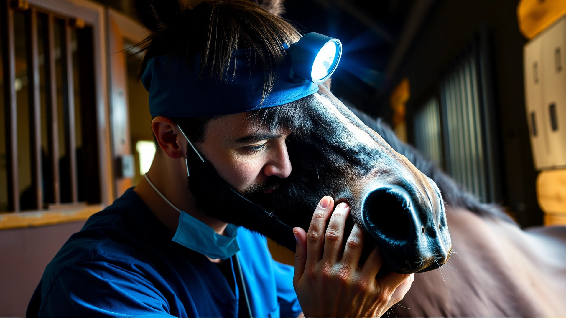 Equine veterinarian wearing blue scrubs and headlamp examining the inside of a horse’s mouth inside a stable.